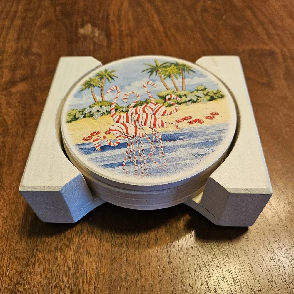 Beach Christmas Coaster Set Of 4 With Holder Candy Cane‎ Lighthouse Flamingos